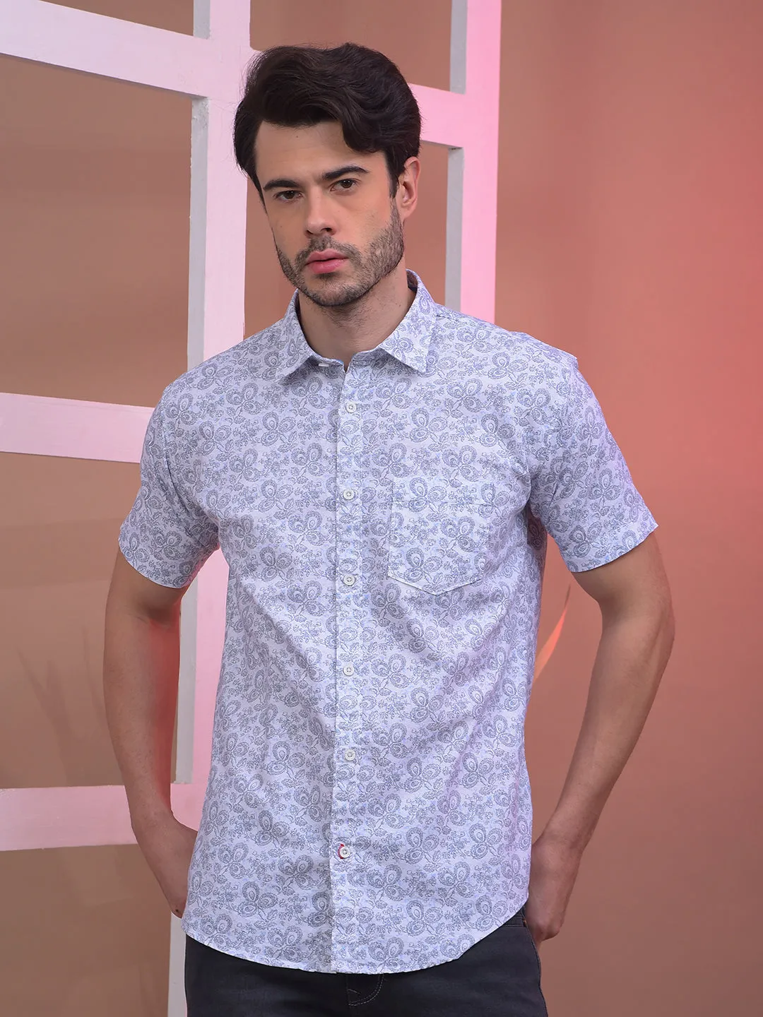 COBB WHITE PRINTED HALF-SLEEVE CASUAL SHIRT