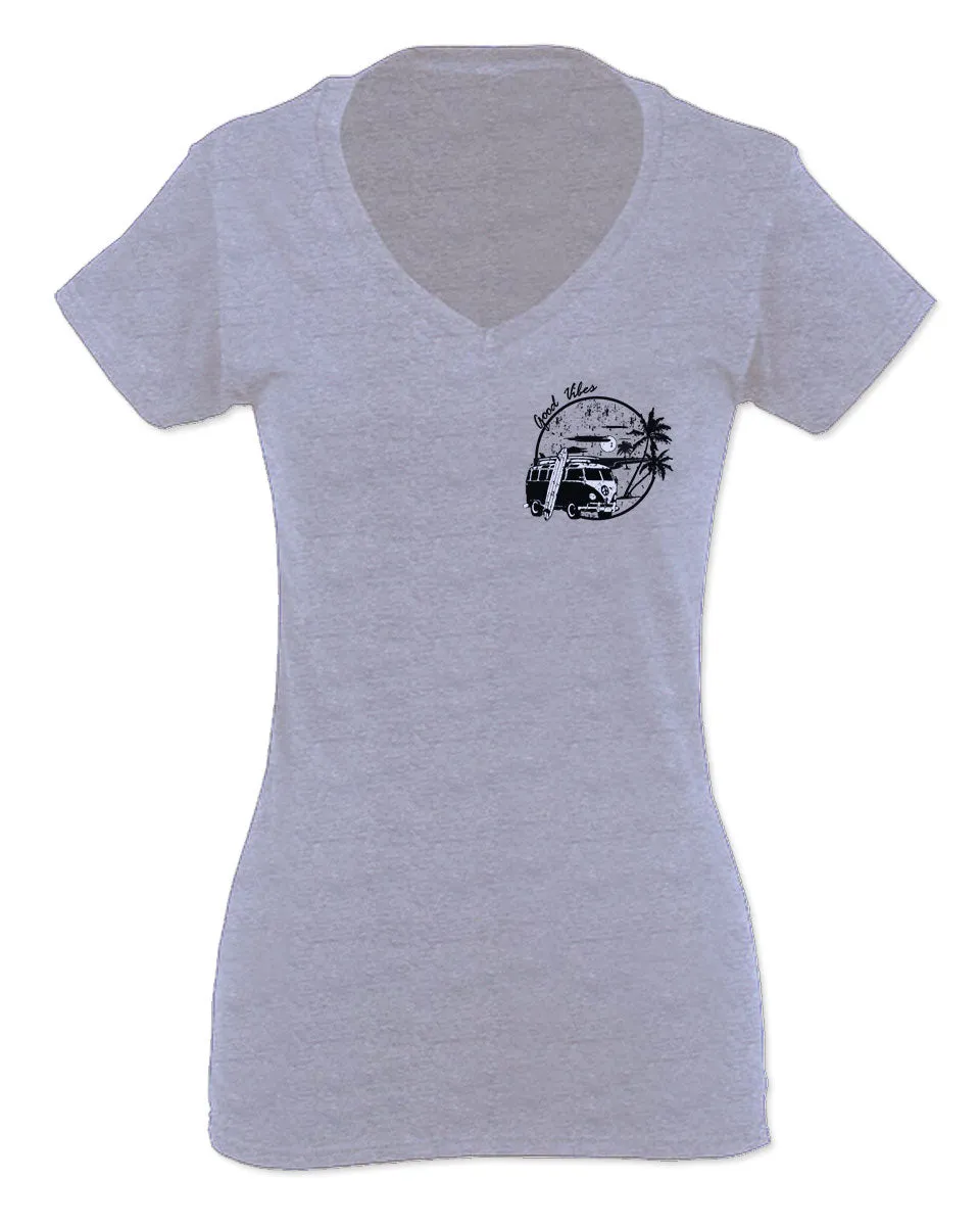 Cool Hipster Good Vibes Vintage Graphic surf Beach Print Summer For Women V neck fitted T Shirt