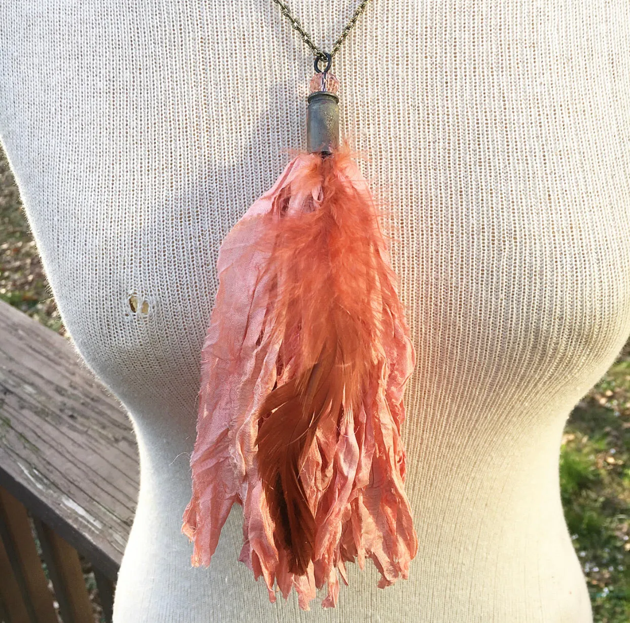 Coral Tassel Necklace with Feather