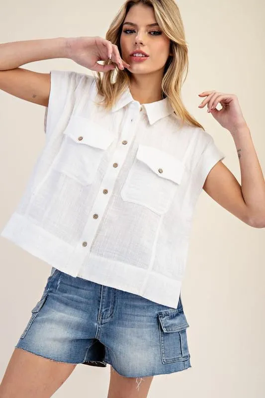 Cotton Gauze Cap Sleeve Blouse Top
