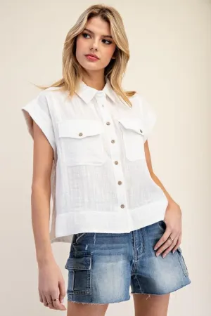 Cotton Gauze Cap Sleeve Blouse Top