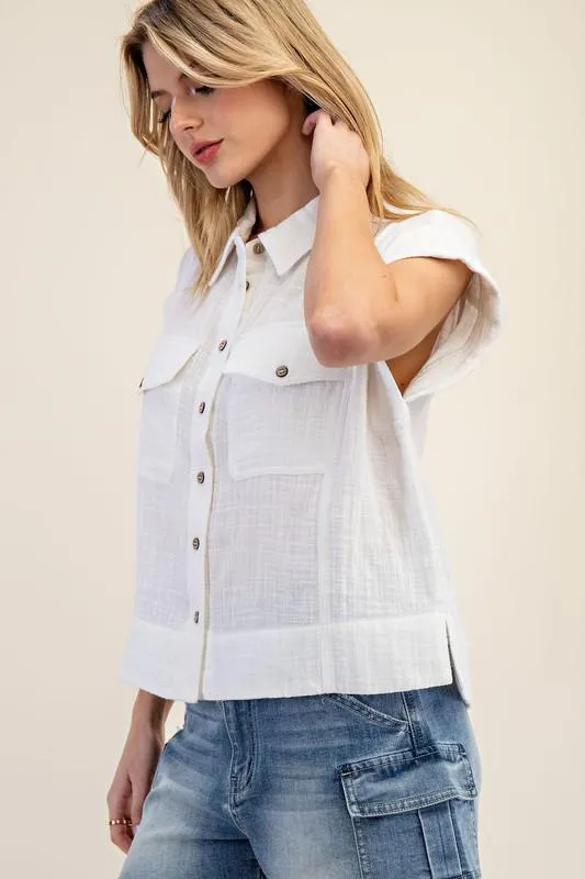Cotton Gauze Cap Sleeve Blouse Top