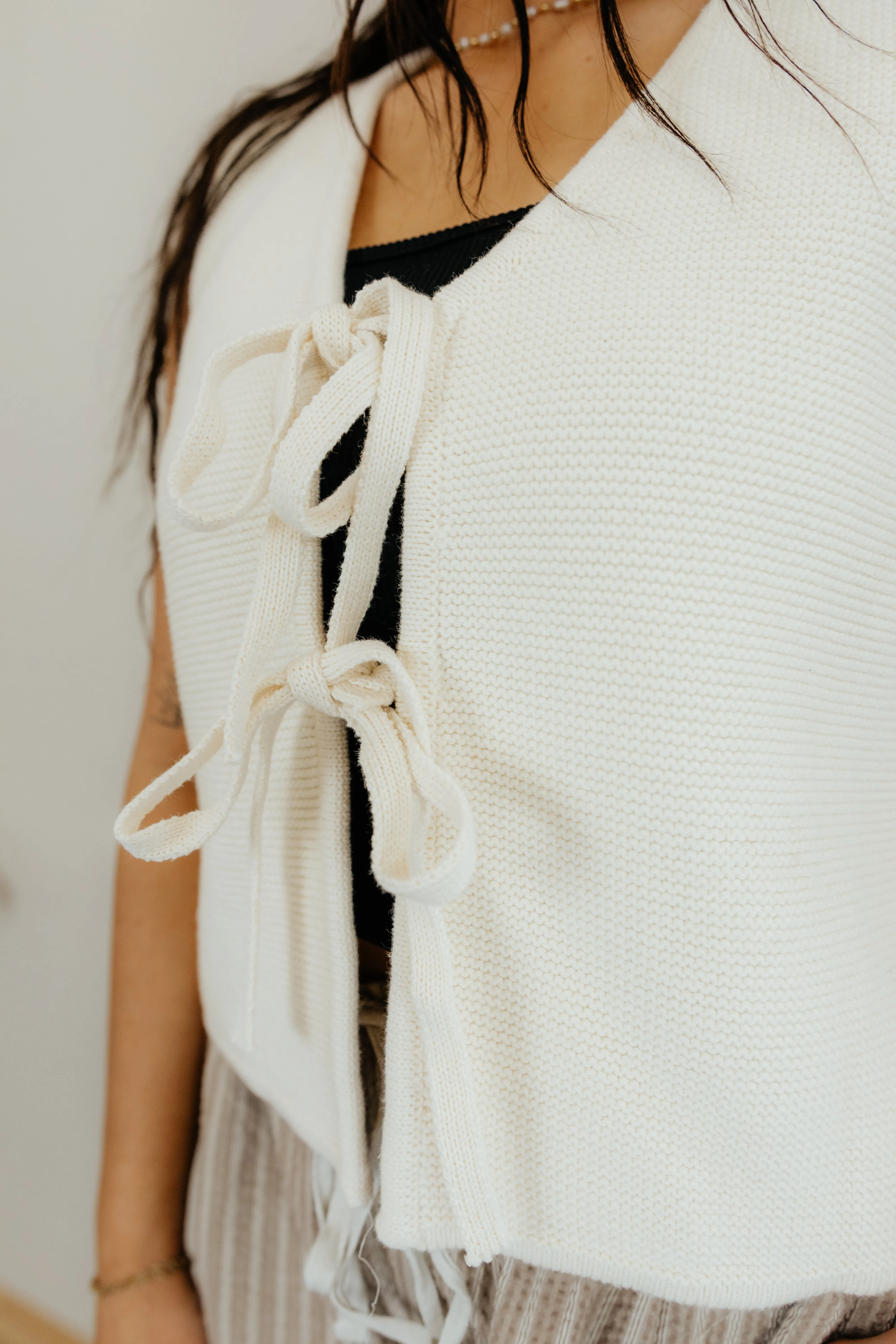 Cream Ruched Tie-Front Tank