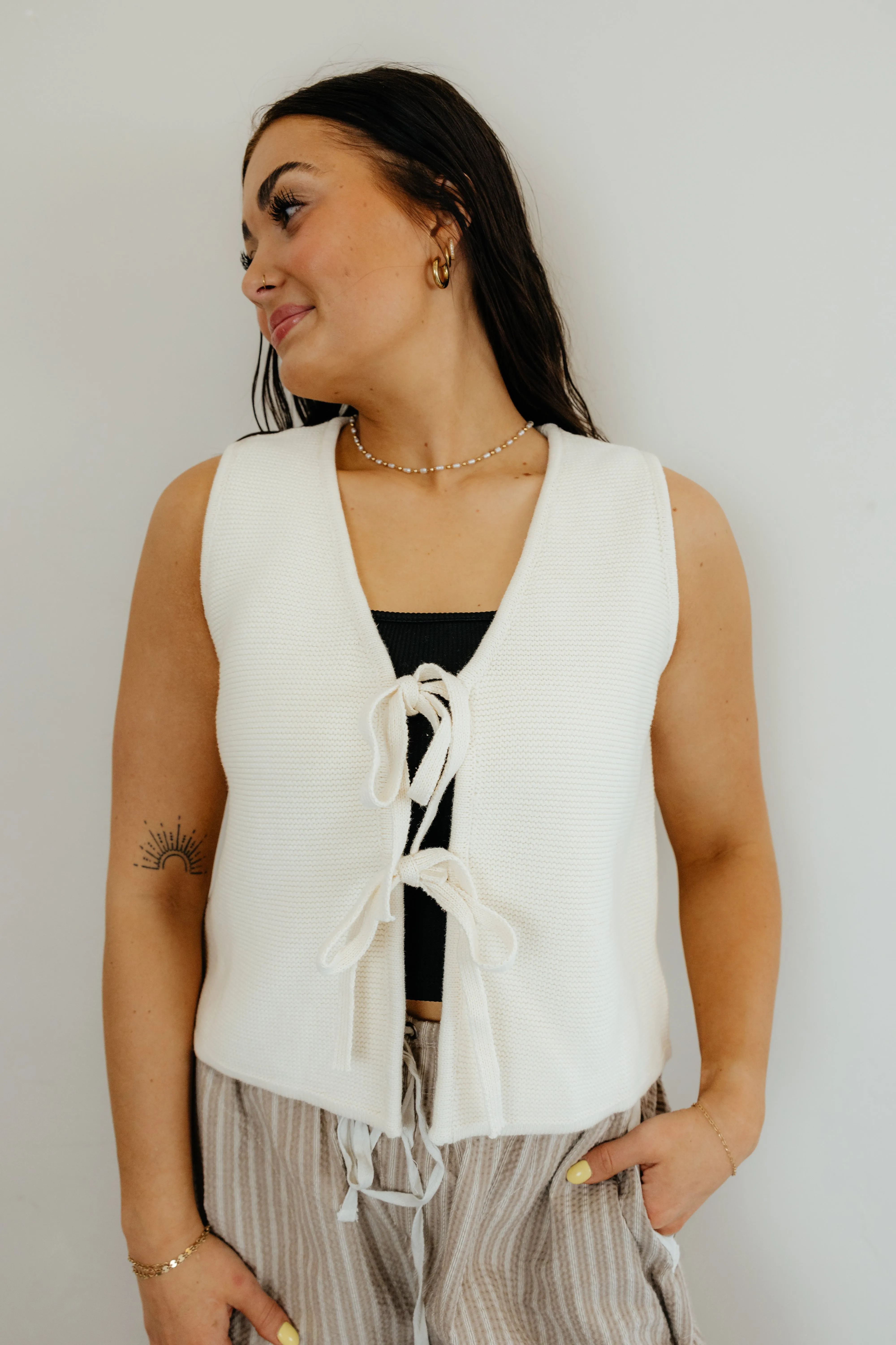 Cream Ruched Tie-Front Tank