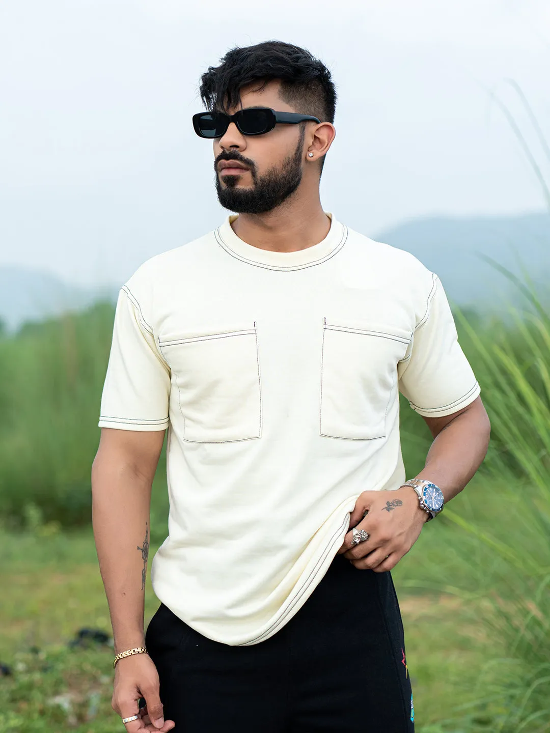 Cream Two Pockets Loose Fit Half Sleeve T-shirt