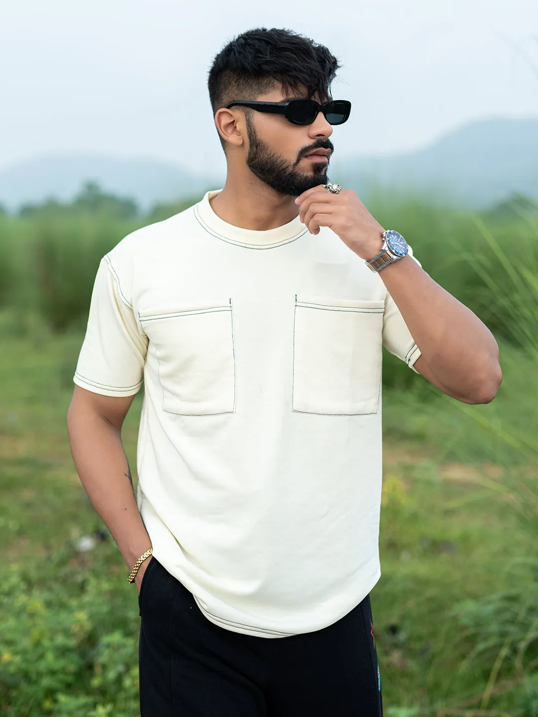 Cream Two Pockets Loose Fit Half Sleeve T-shirt