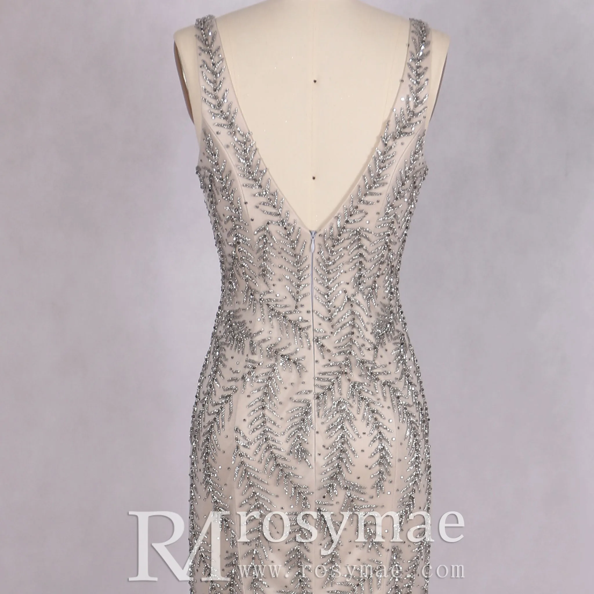 Crystals V-Neck Mermaid Evening Long Prom Dress with Feather