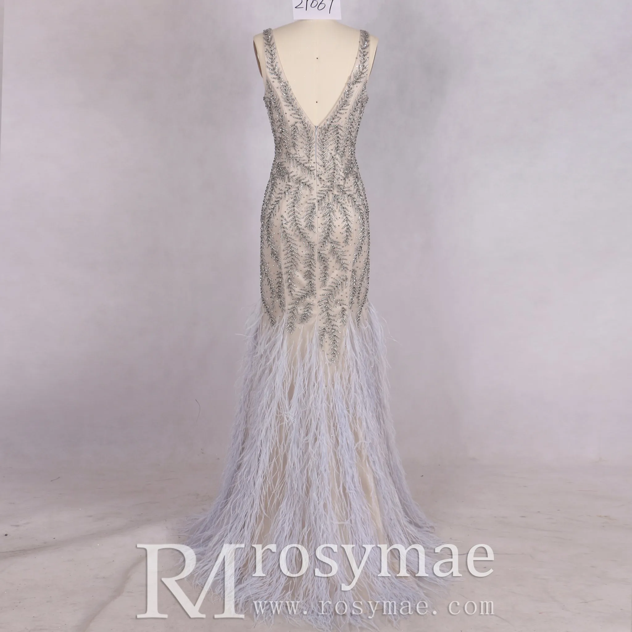 Crystals V-Neck Mermaid Evening Long Prom Dress with Feather