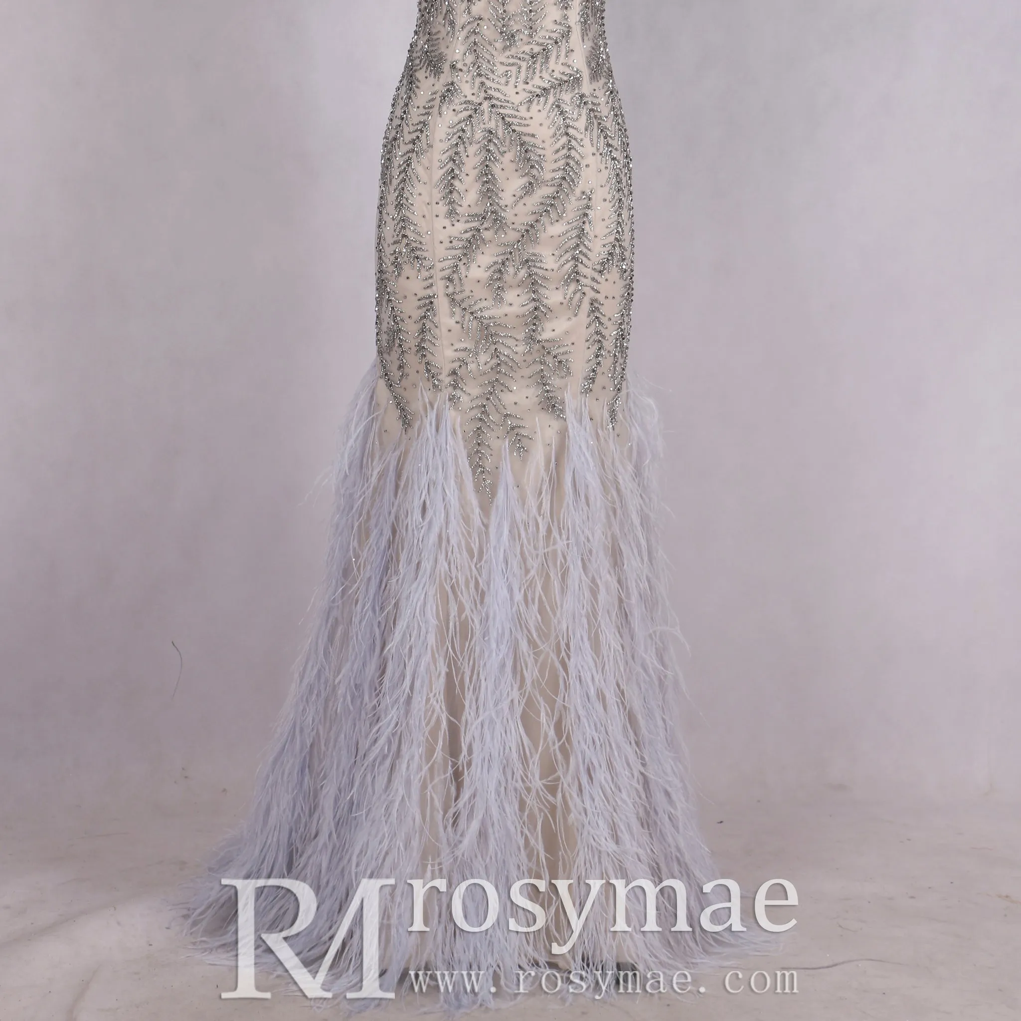 Crystals V-Neck Mermaid Evening Long Prom Dress with Feather