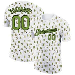 Custom White Neon Green-Black 3D Pattern Design Dollar Sign Money Theme Performance T-Shirt