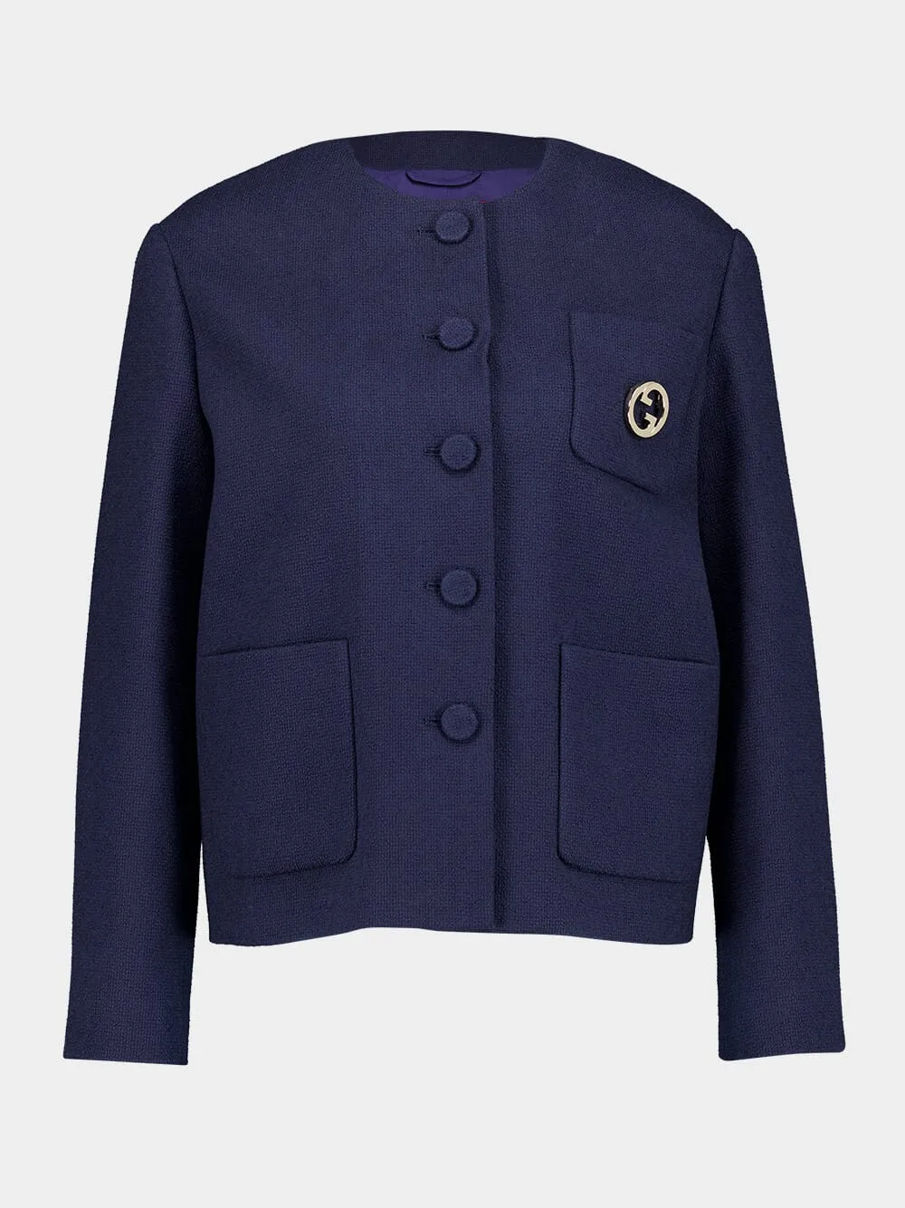 Dark Blue Cotton Tweed Jacket with Brooch