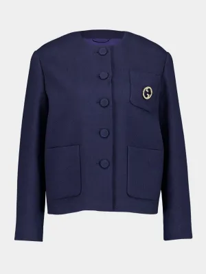 Dark Blue Cotton Tweed Jacket with Brooch