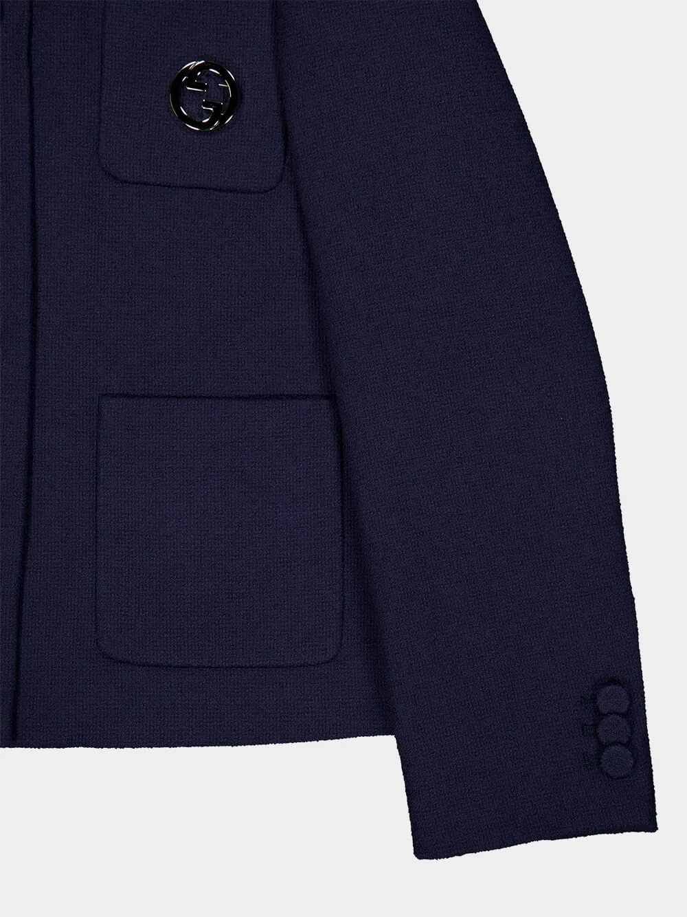 Dark Blue Cotton Tweed Jacket with Brooch
