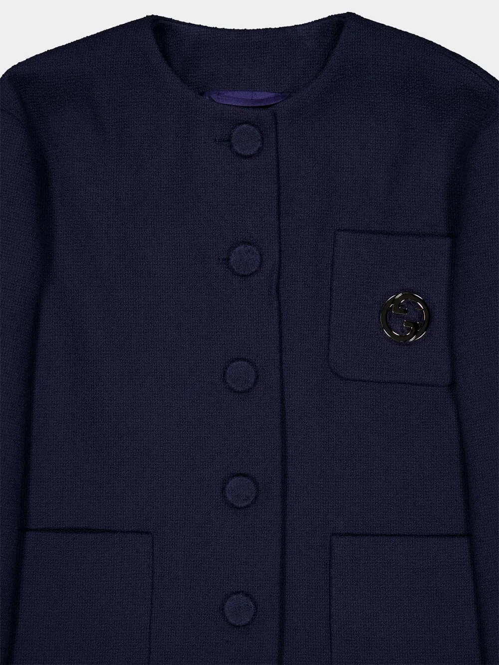 Dark Blue Cotton Tweed Jacket with Brooch