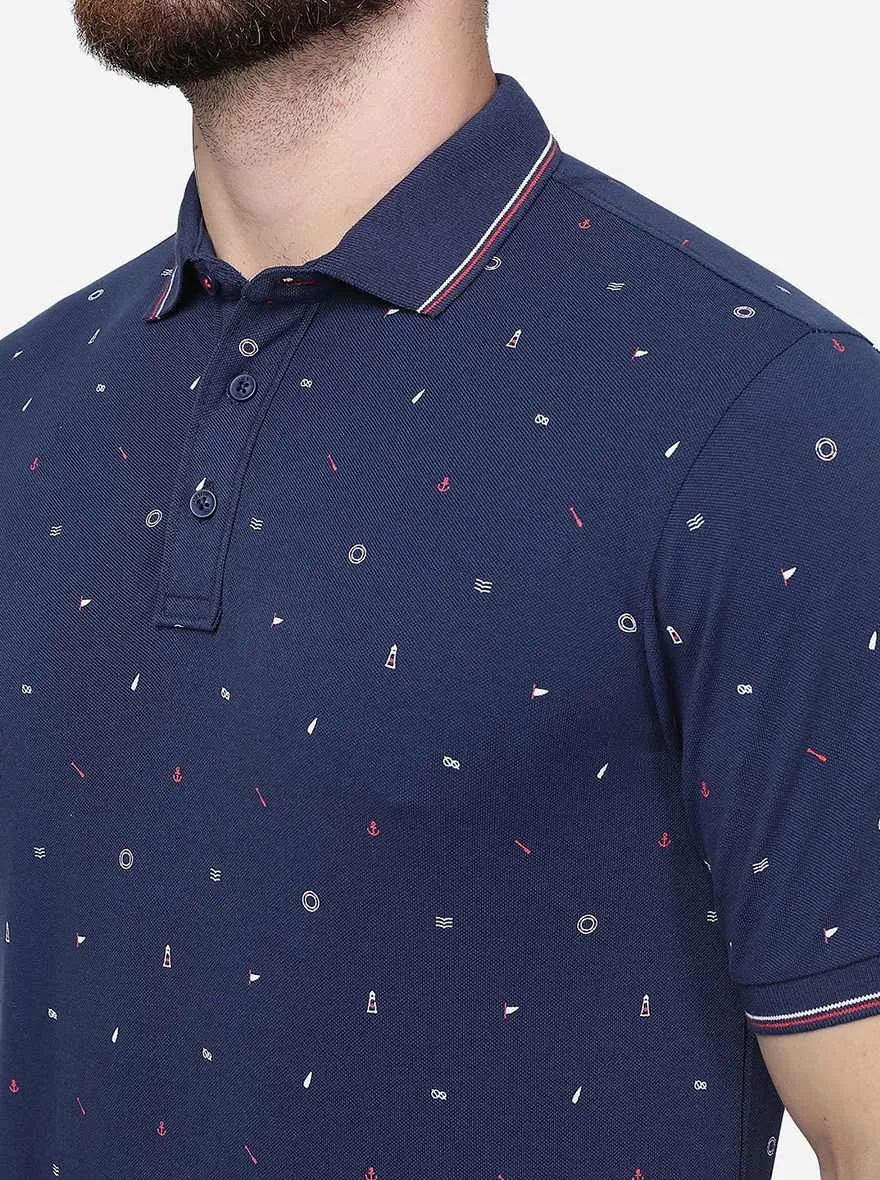 Dark Blue Printed Slim Fit Polo T-Shirt | JadeBlue