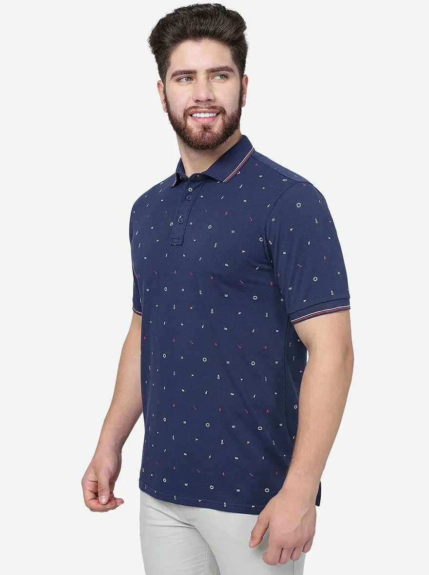 Dark Blue Printed Slim Fit Polo T-Shirt | JadeBlue