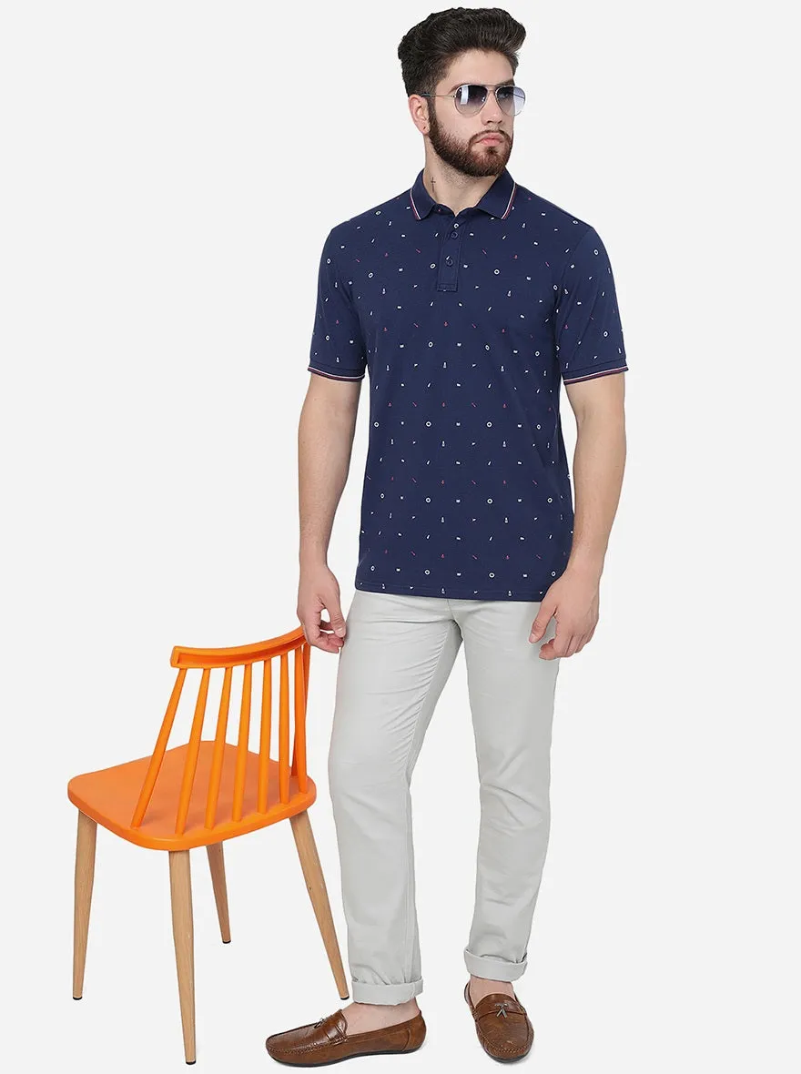 Dark Blue Printed Slim Fit Polo T-Shirt | JadeBlue
