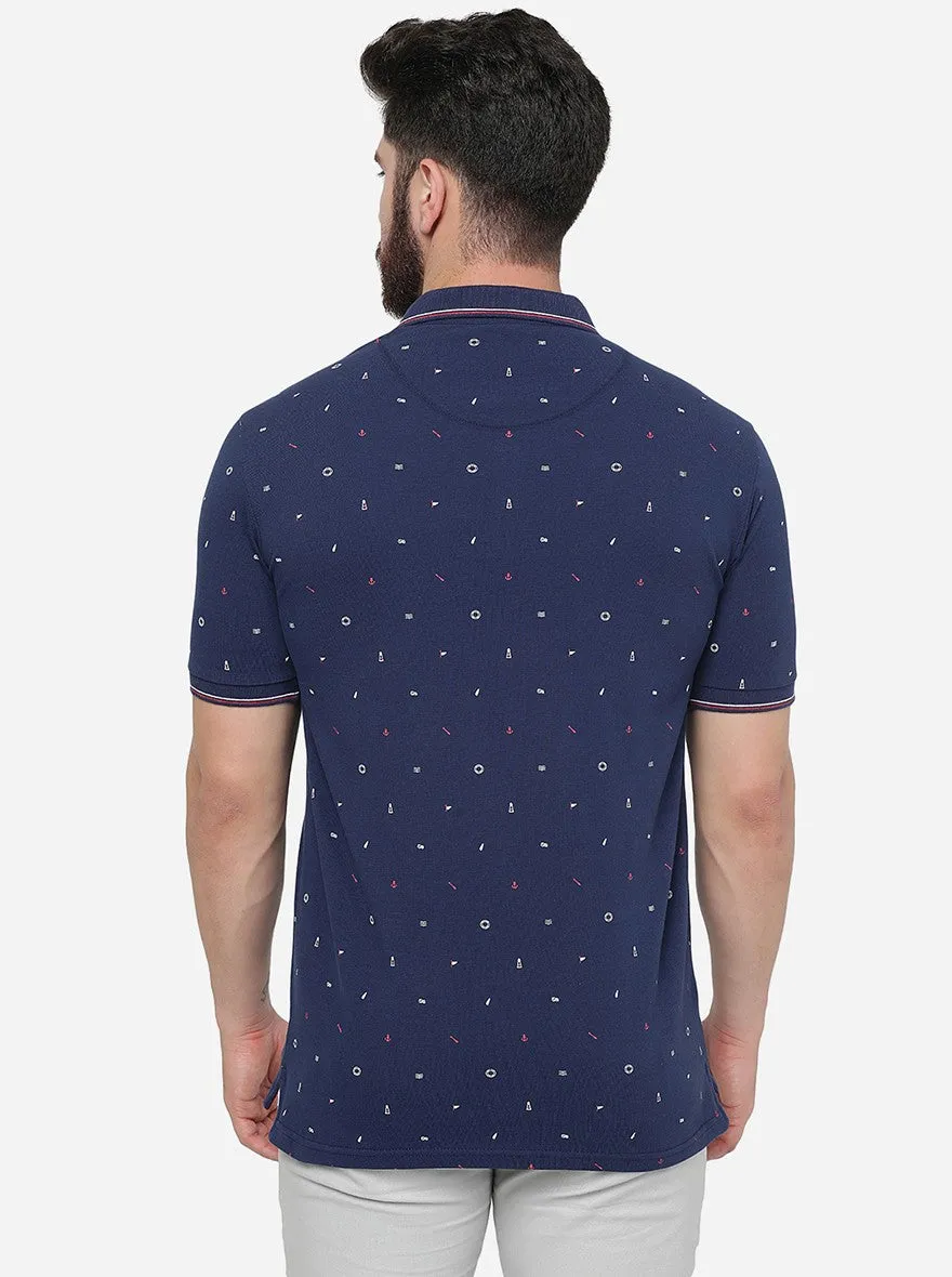 Dark Blue Printed Slim Fit Polo T-Shirt | JadeBlue