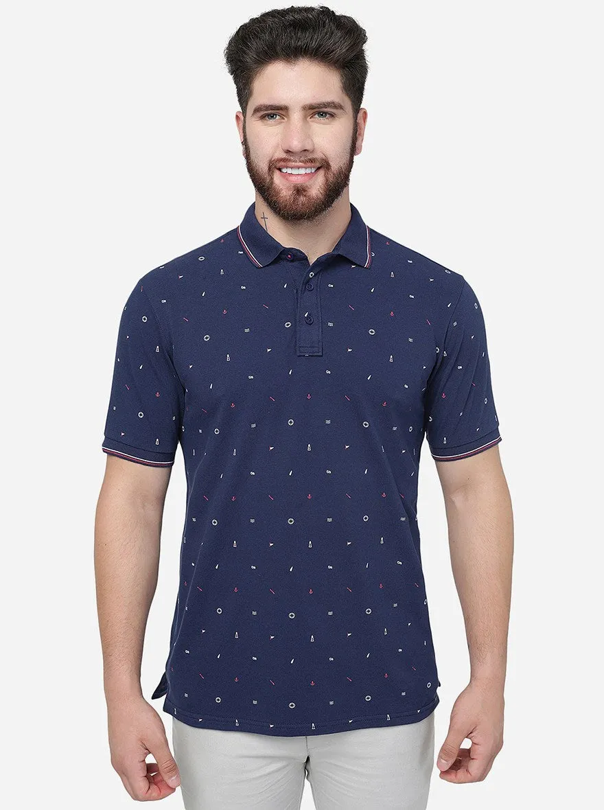 Dark Blue Printed Slim Fit Polo T-Shirt | JadeBlue