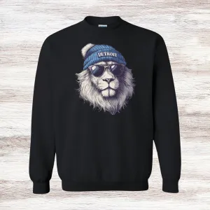 Detroit Lion in Hat & Sunglasses Crewneck Sweatshirt
