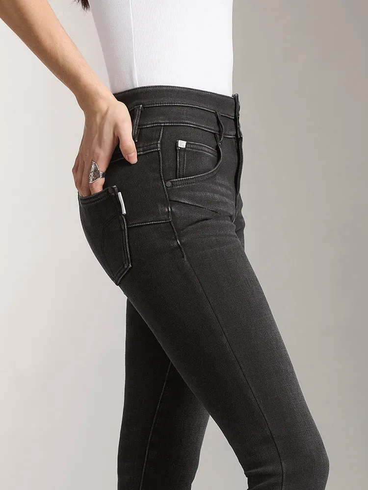 Double Button Jeans In Black And Grey Colour
