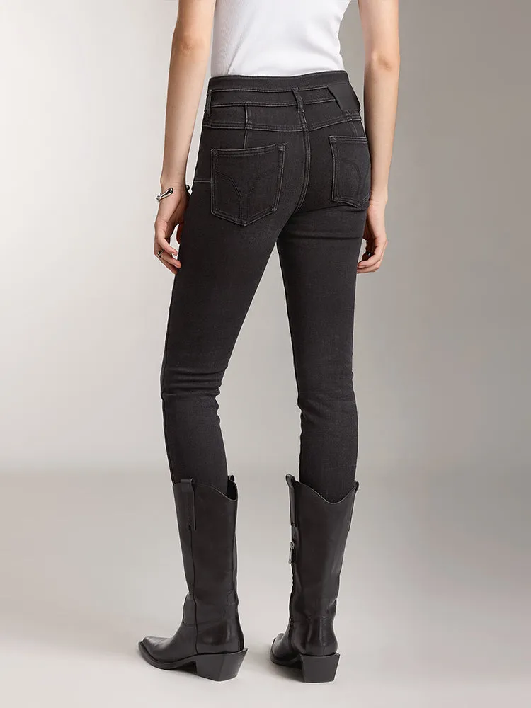 Double Button Jeans In Black And Grey Colour