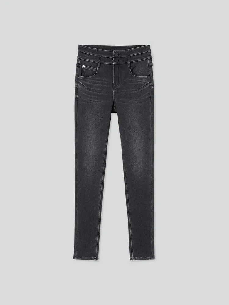 Double Button Jeans In Black And Grey Colour