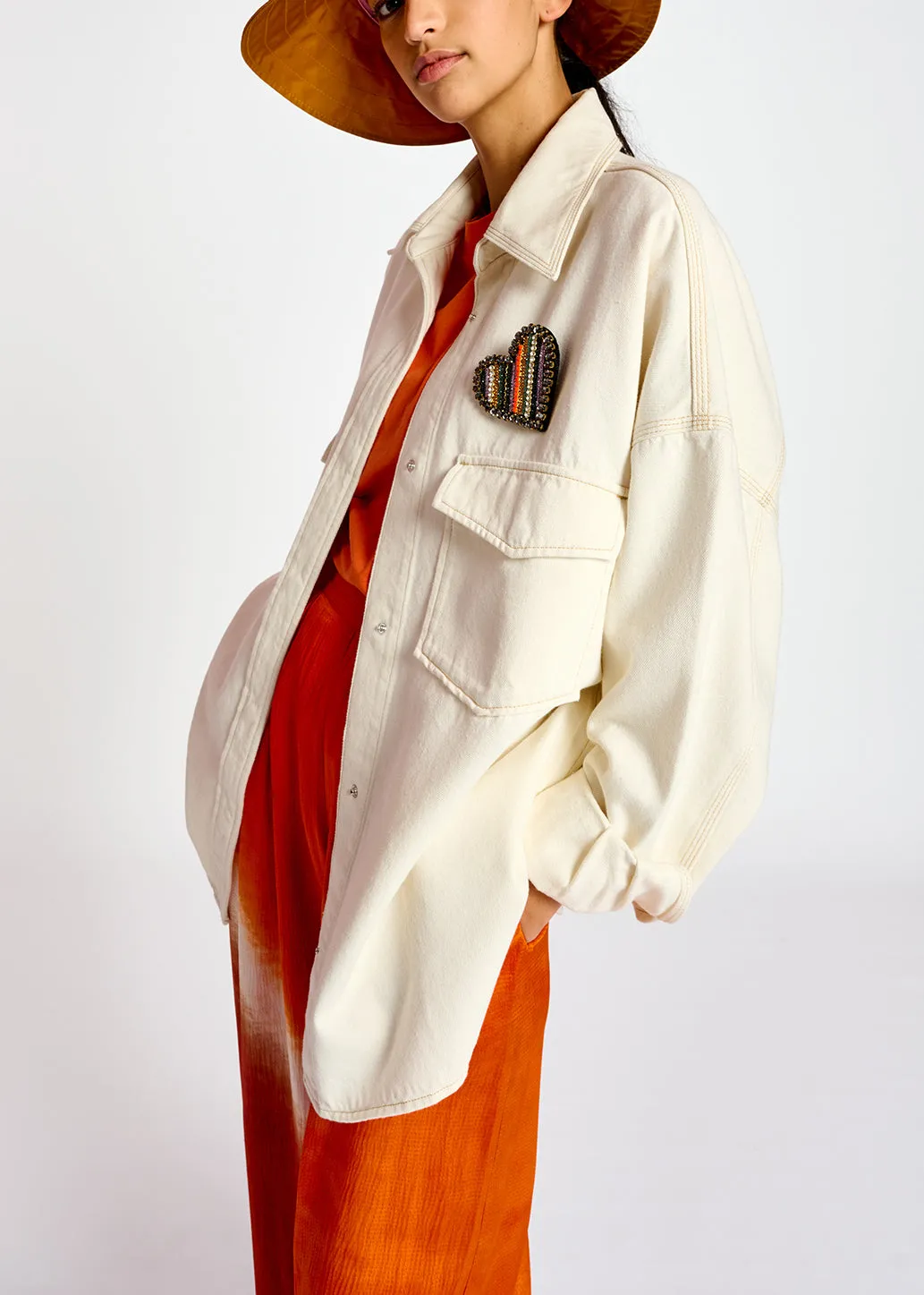 Ecru oversized cotton denim overshirt