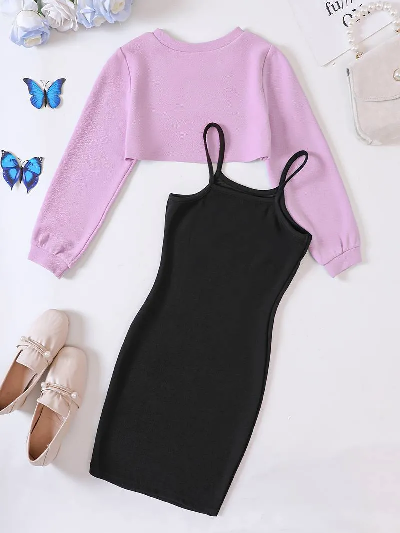 Elegant Girls Cami Dress & Cropped Pullover Set