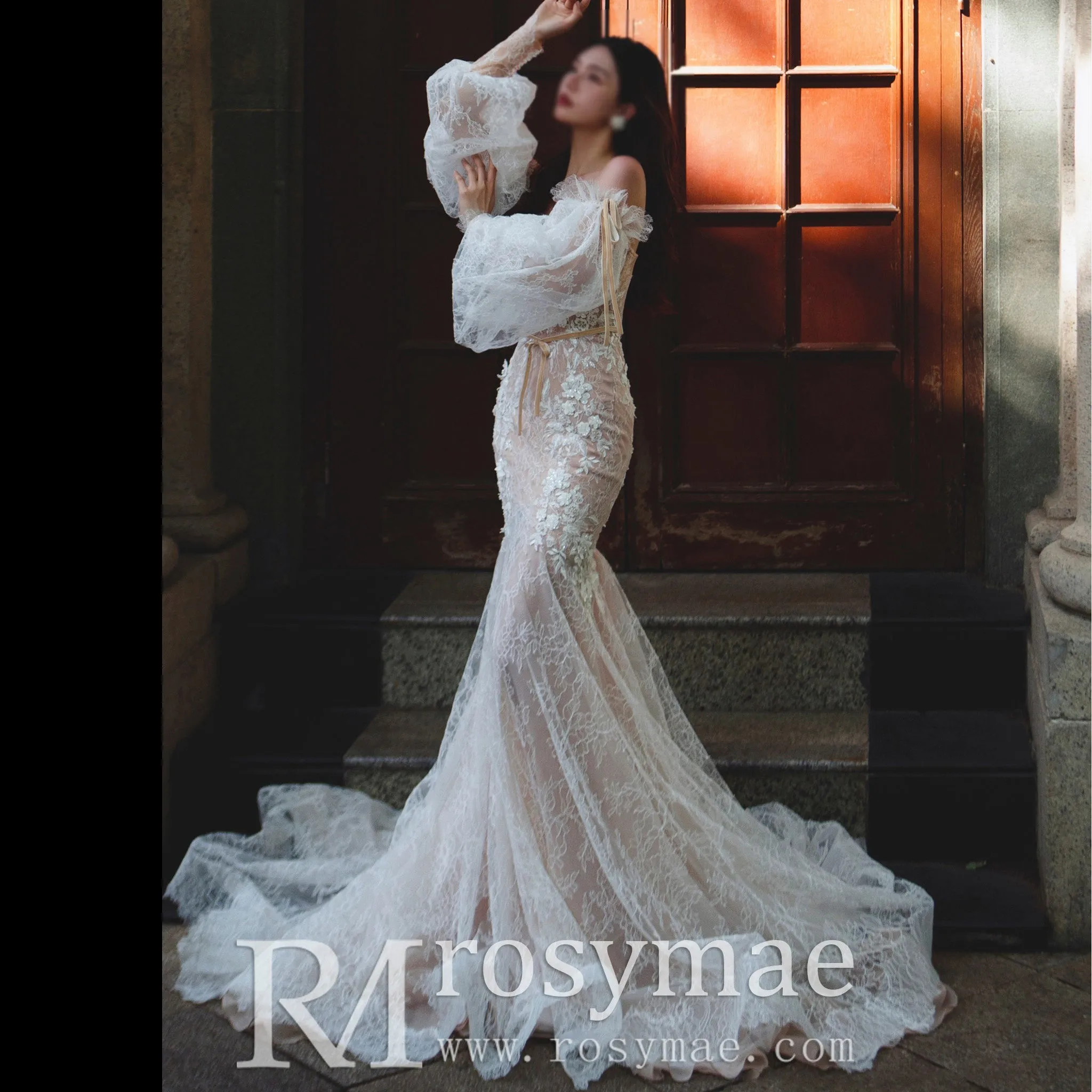 Elegant Lace Mermaid Wedding Dress with Lanter Long Sleeve