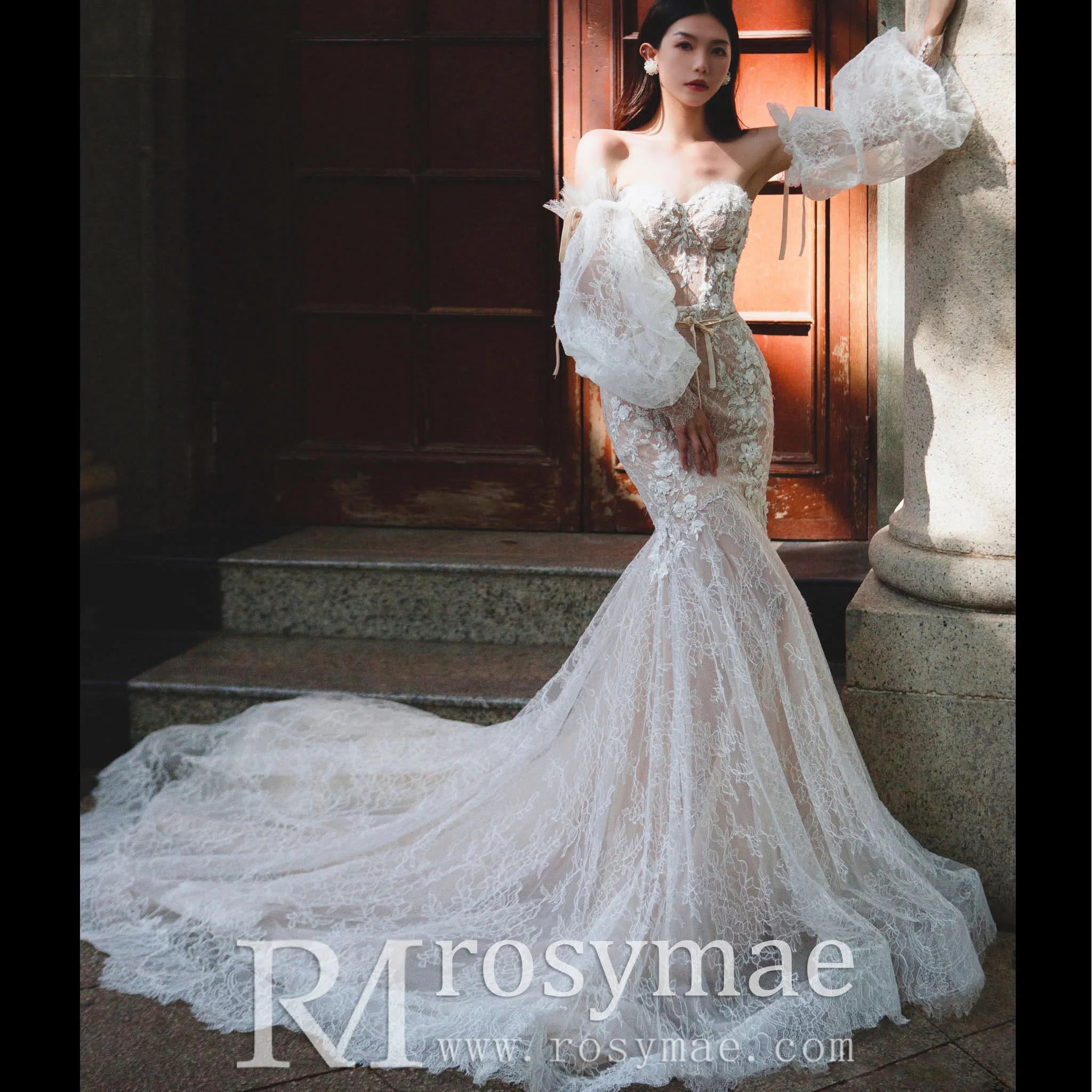 Elegant Lace Mermaid Wedding Dress with Lanter Long Sleeve