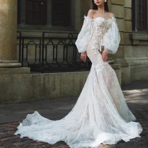 Elegant Lace Mermaid Wedding Dress with Lanter Long Sleeve