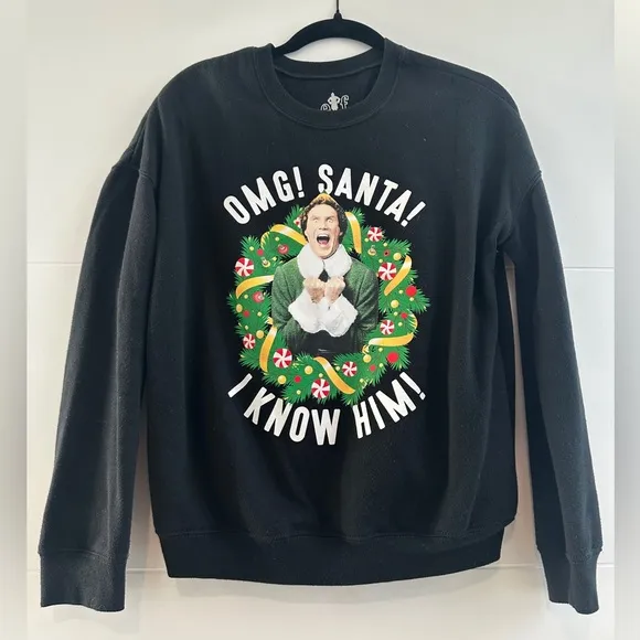 ELF OMG Santa black lightup I Know Him Holiday Ugly Sweater Christmas Festive XS