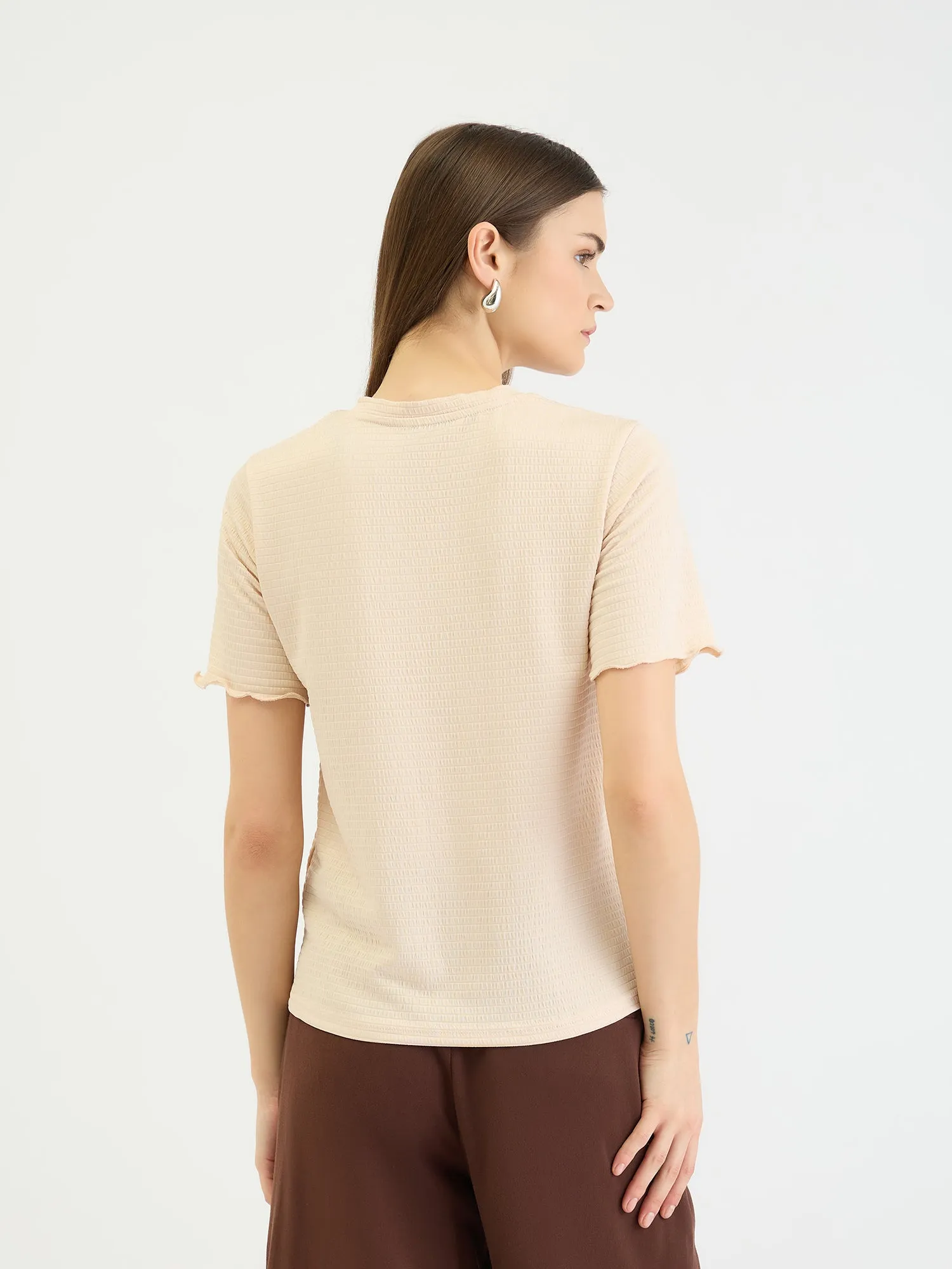 Elle Women Beige Textured Crew Neck Tshirt