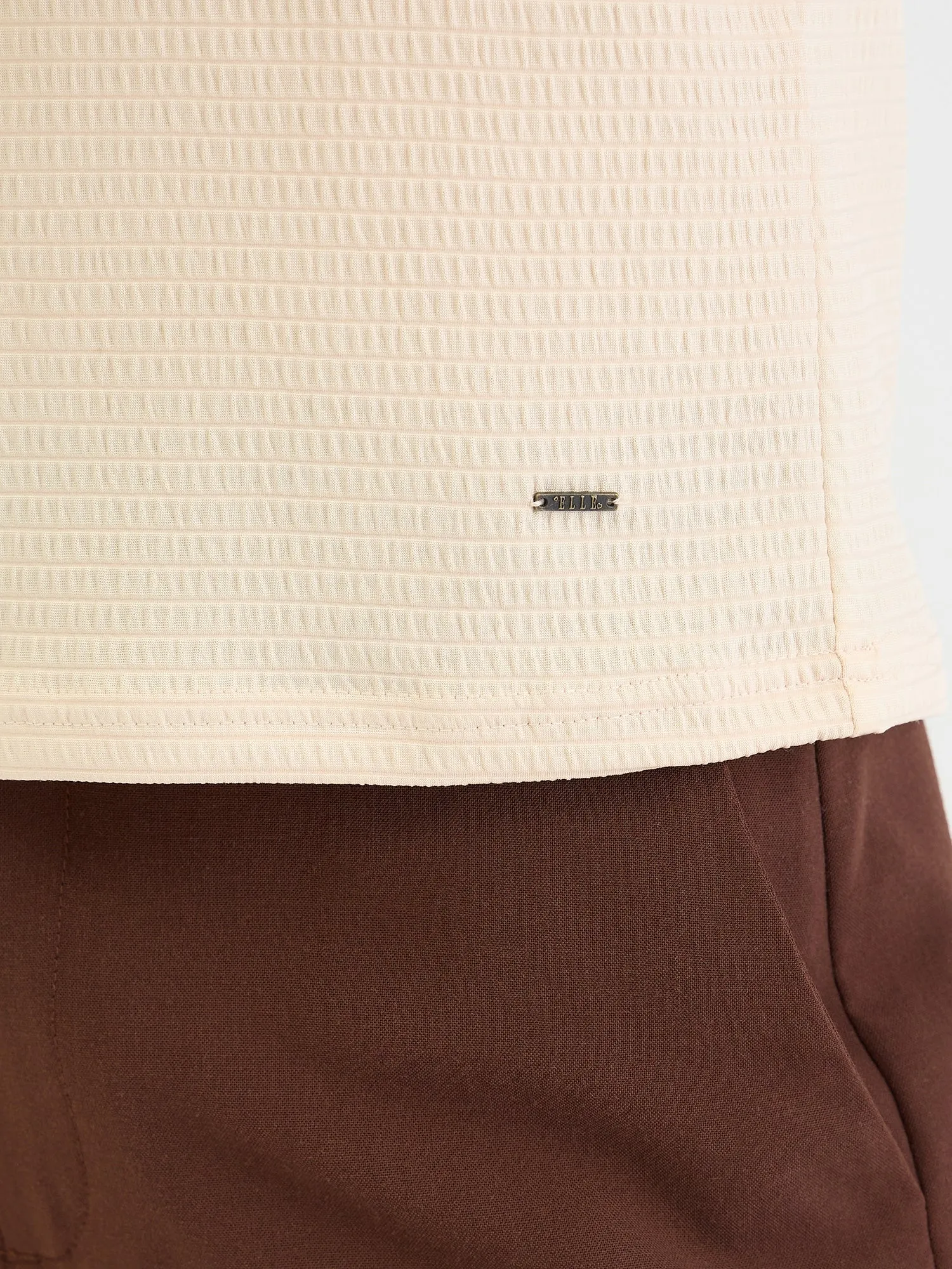 Elle Women Beige Textured Crew Neck Tshirt