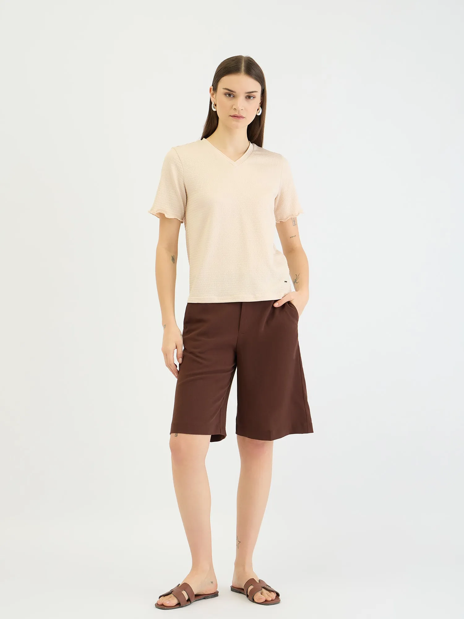 Elle Women Beige Textured Crew Neck Tshirt