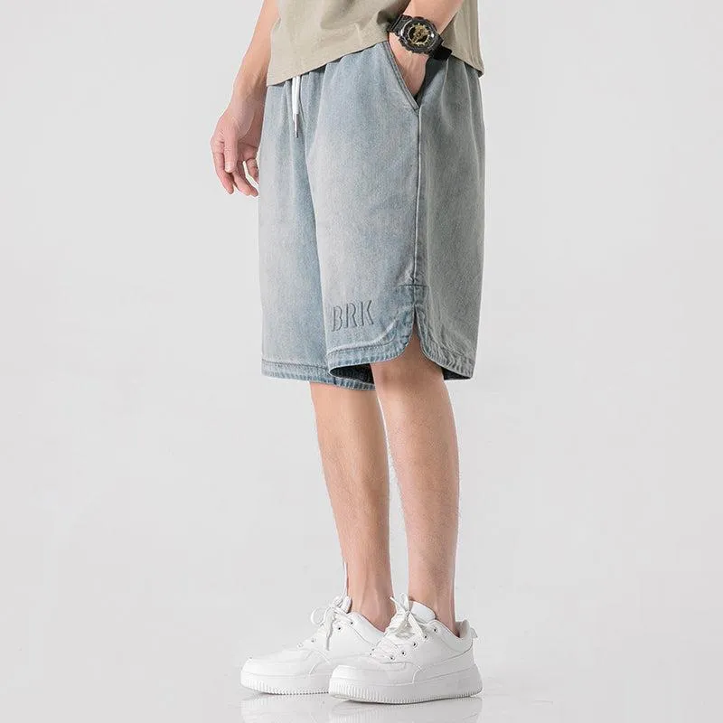 Embroidery Drawstring Wash Denim Shorts