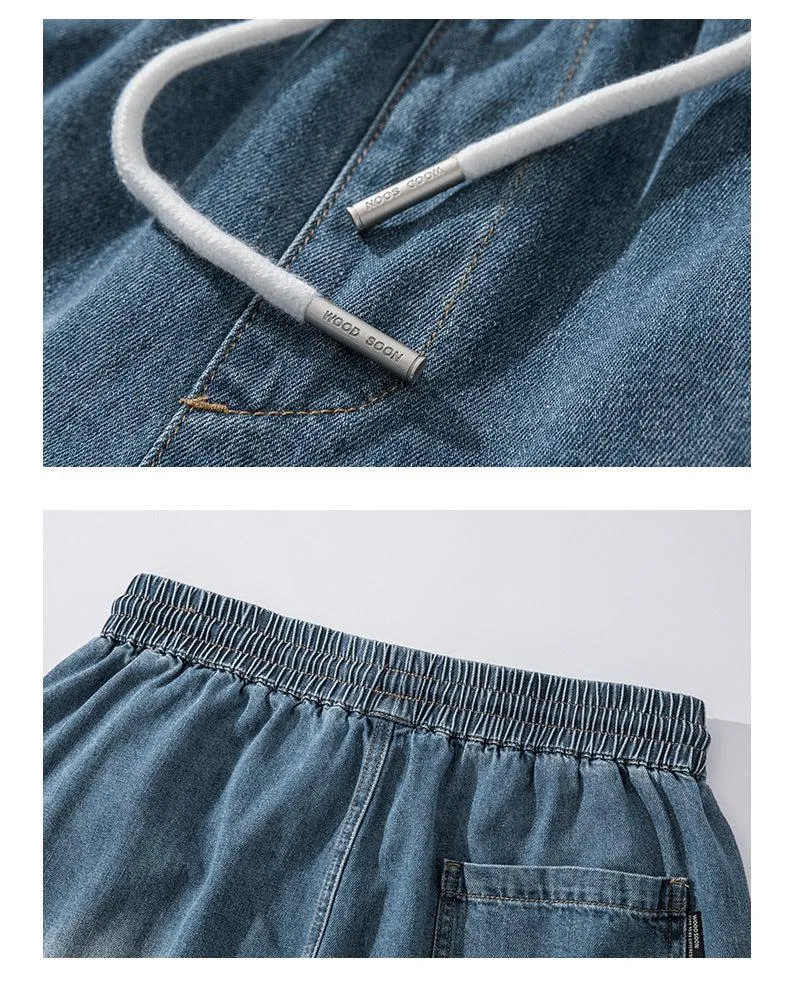 Embroidery Drawstring Wash Denim Shorts