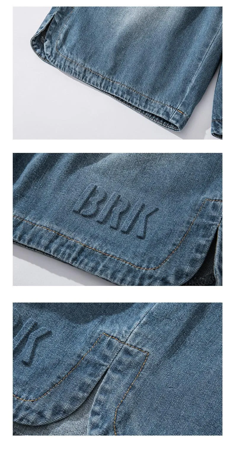 Embroidery Drawstring Wash Denim Shorts