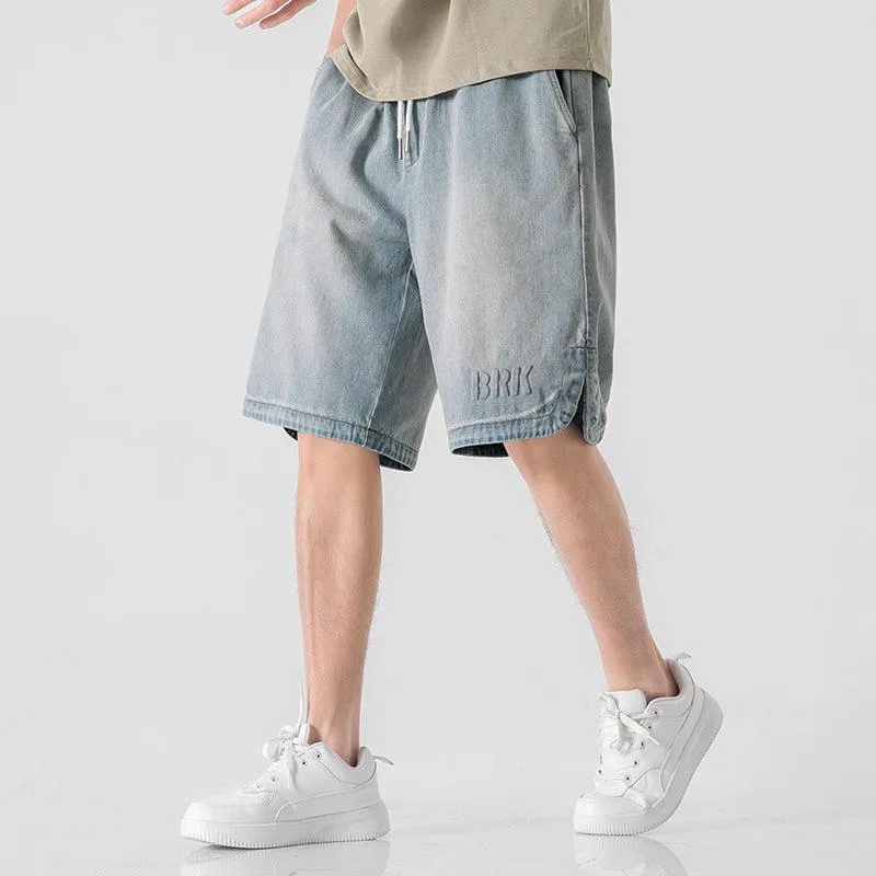 Embroidery Drawstring Wash Denim Shorts