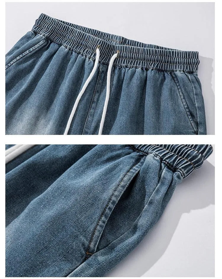 Embroidery Drawstring Wash Denim Shorts