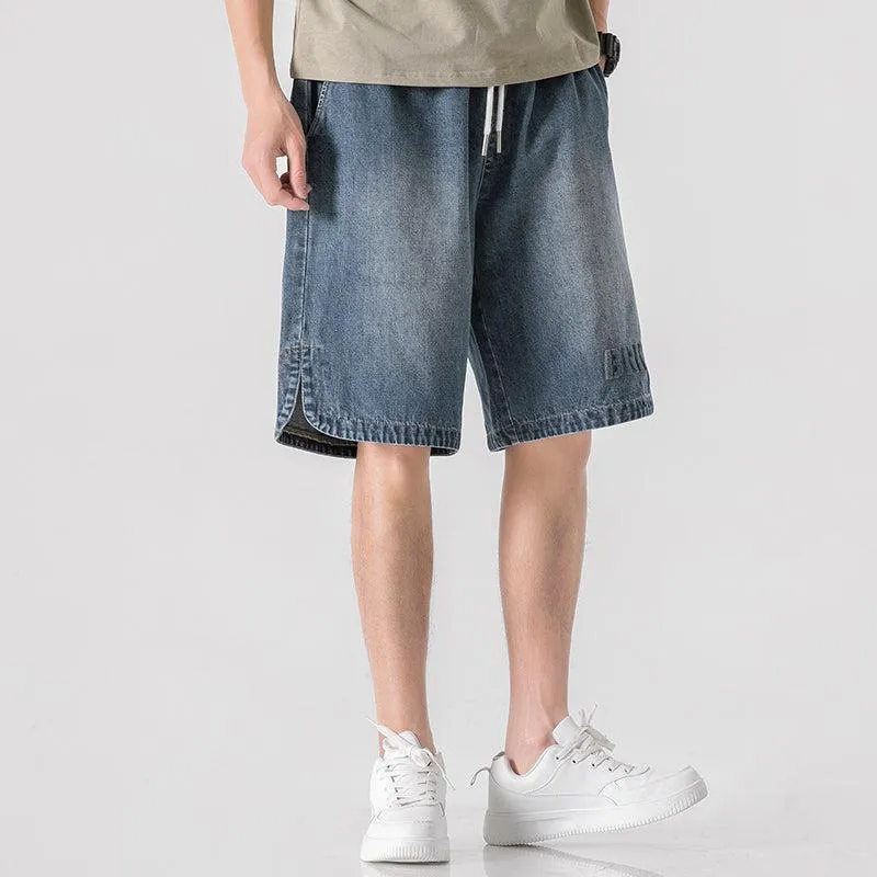 Embroidery Drawstring Wash Denim Shorts