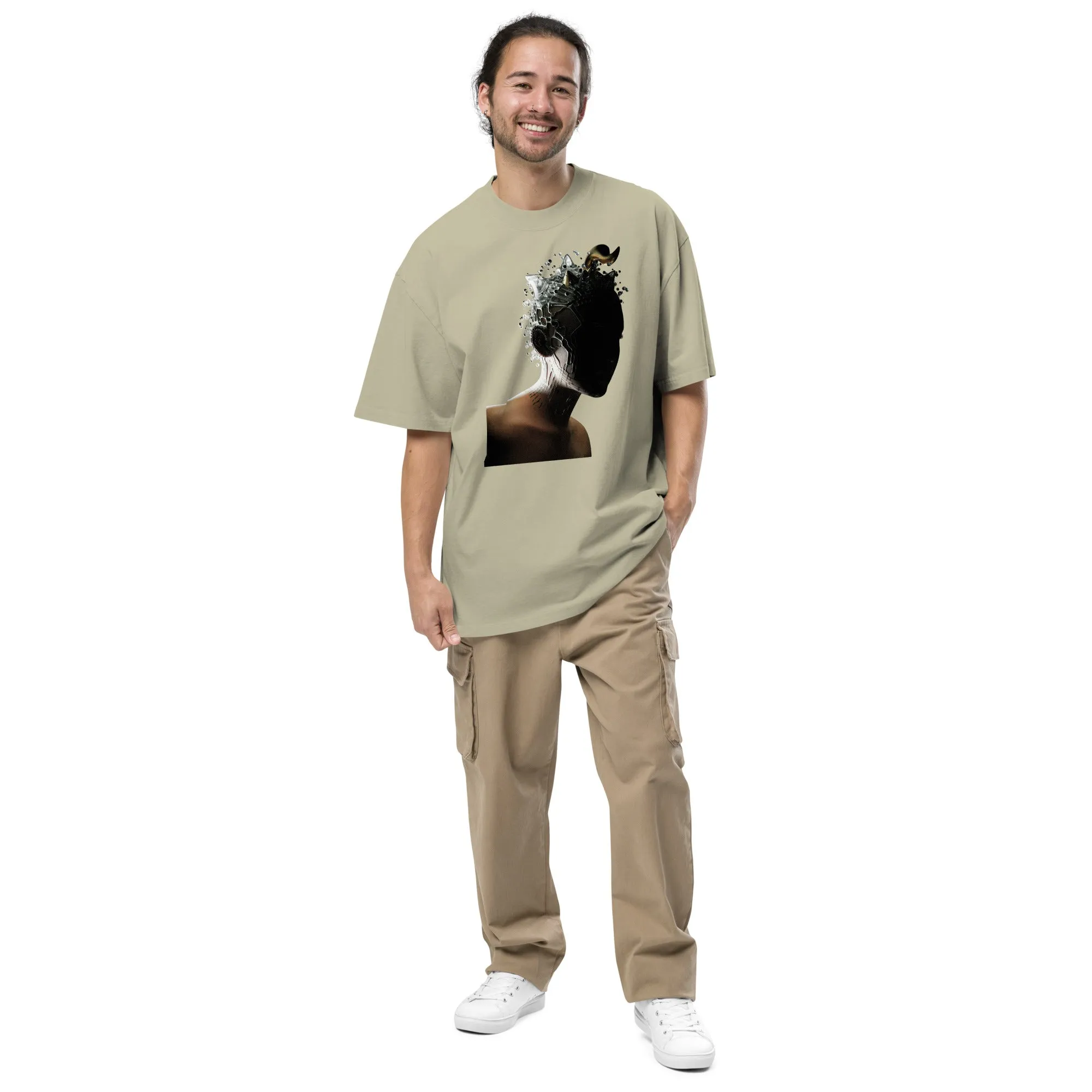 Faded Oversized Tee with Intriguing Woman Brain Graphic