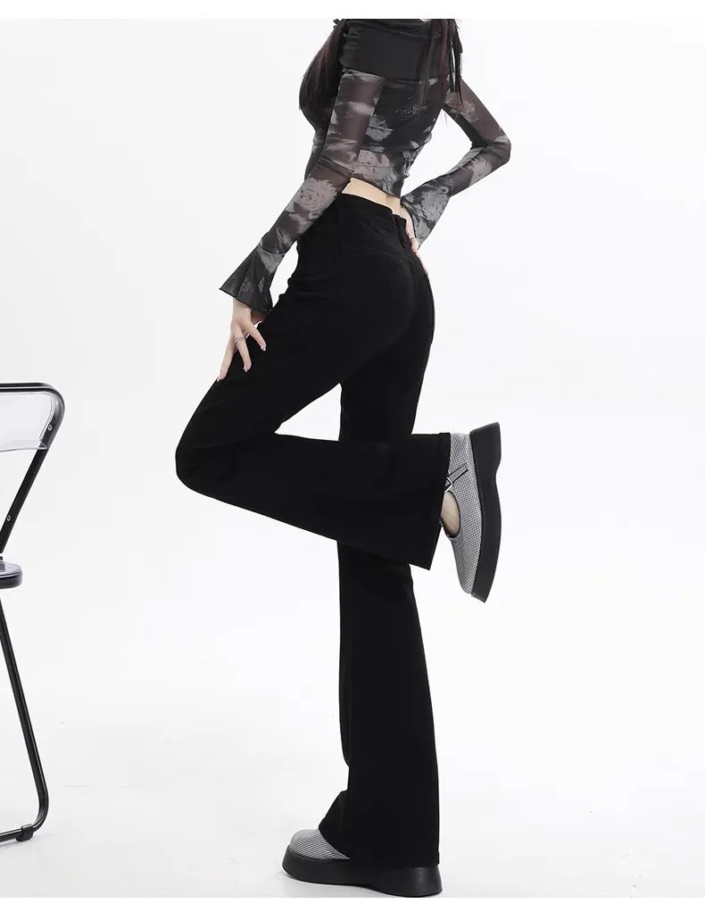 Fleece-lined high-waisted black flared denim jeans by WOLFFMODE
