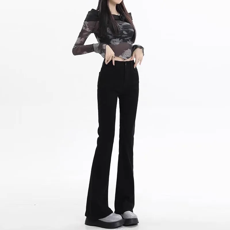 Fleece-lined high-waisted black flared denim jeans by WOLFFMODE