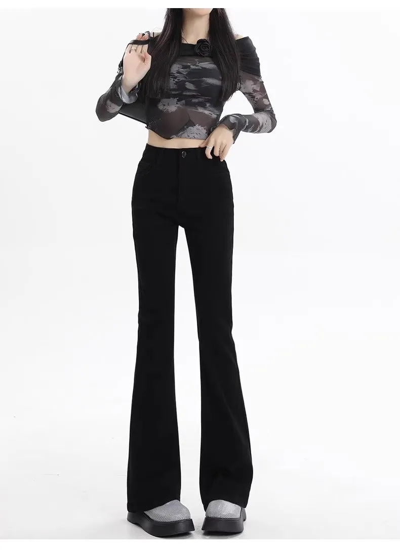 Fleece-lined high-waisted black flared denim jeans by WOLFFMODE