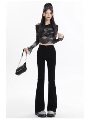 Fleece-lined high-waisted black flared denim jeans by WOLFFMODE