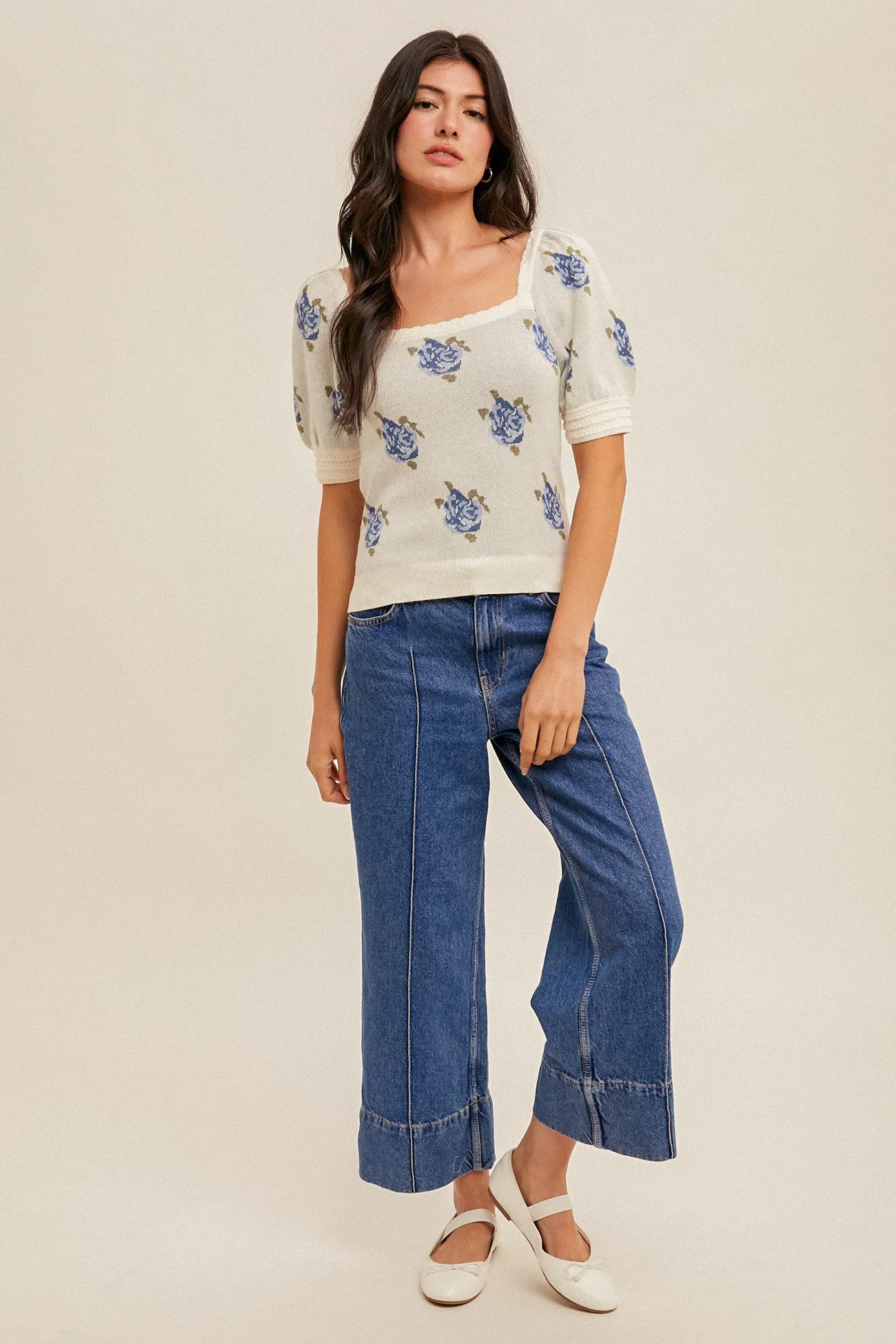Floral Puff Sleeve Sweater Top