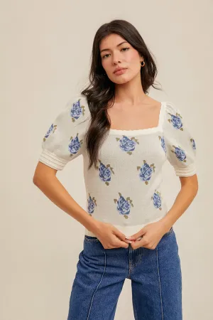 Floral Puff Sleeve Sweater Top