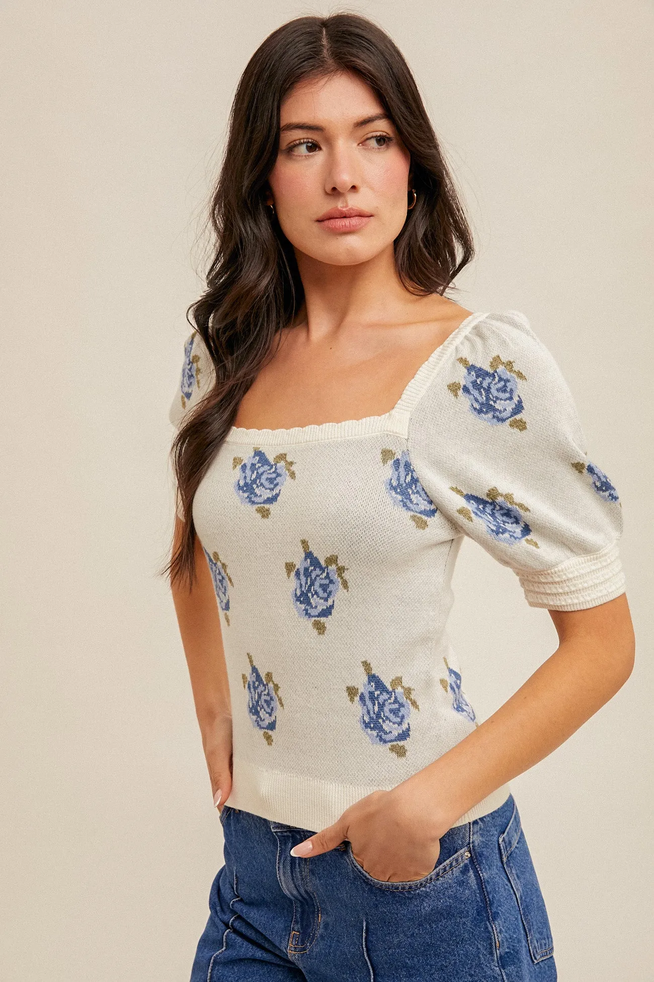 Floral Puff Sleeve Sweater Top